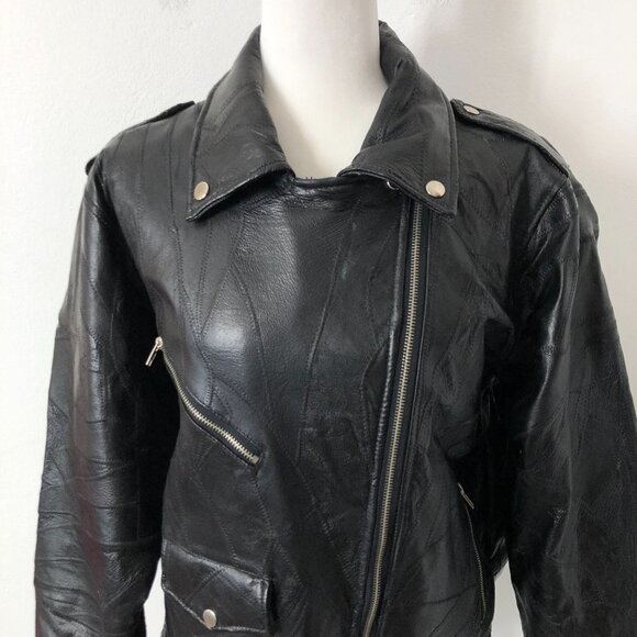 Leather Riding Jacket Mens Large Eagle Patch God Bless America Moto Vintage 80's - Picture 8 of 14